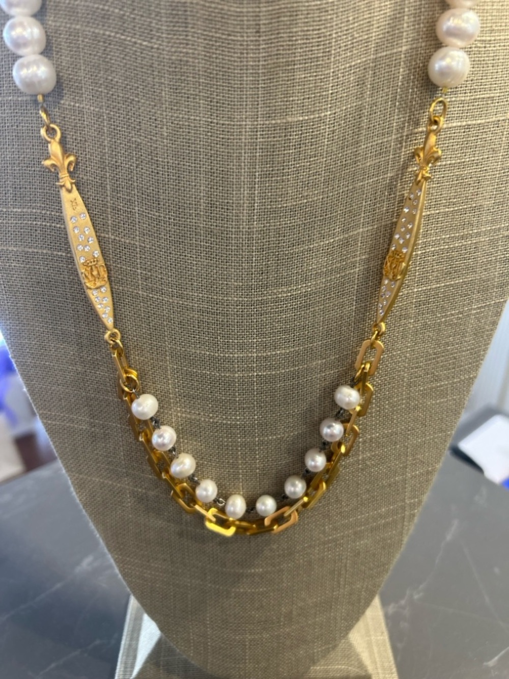 24K gold clad Chain and FreshwaterWhite Pearl Layered Necklace by French Kande - Picture 5 of 8